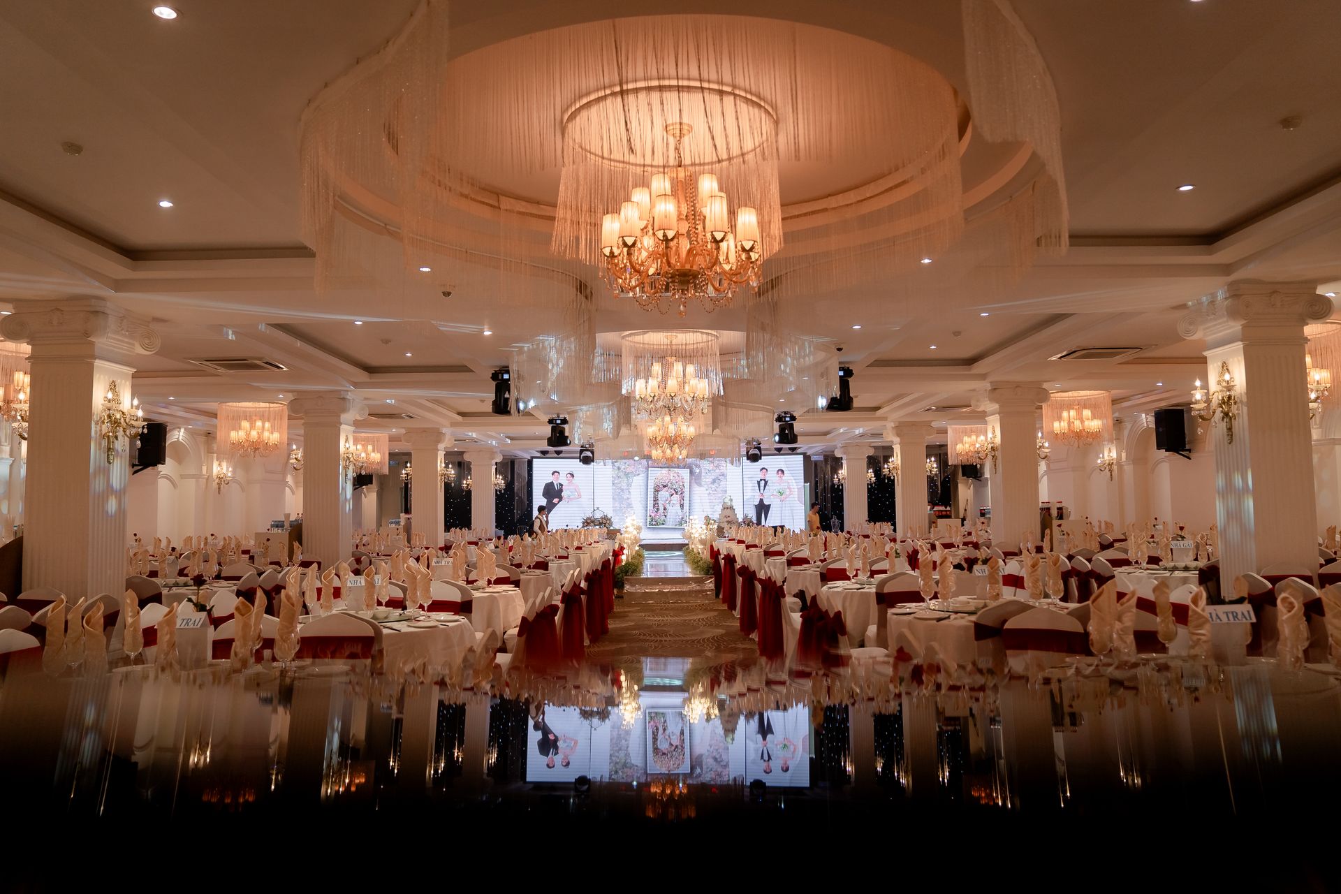 Grand chandelier-lit hall set for an event at Good News Convention Centre